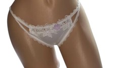 White Satin Embroidery Glossy Shiny Sheer Nylon Back Panties Womens L NWT