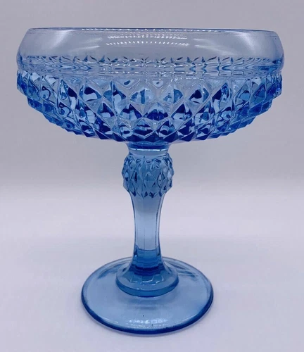 Vintage Blue Diamond Pattern Glass Serving Dish 7 3/8" Tall Footed Candy Bowl
