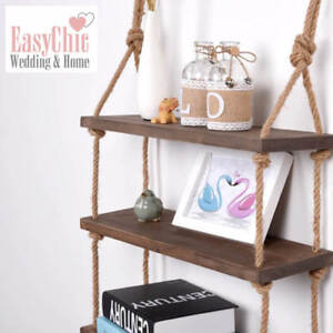 Rustic Solid Wood Rope Hanging Wall Shelf Country Vintage Storage