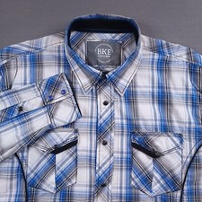 BKE Western Relaxed Men's Large Black Pearl Snap Long Sleeve Shirt Blue Plaid