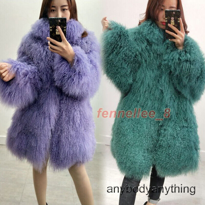 Womens Stand Collar Real Mongolian Lamb Sheep Jacket Curly Fur Coat Warm  Outwear