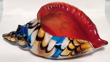 Murano Style Blown MCM Art Glass Conch Shell Red, White, Blue Ocean paperweight