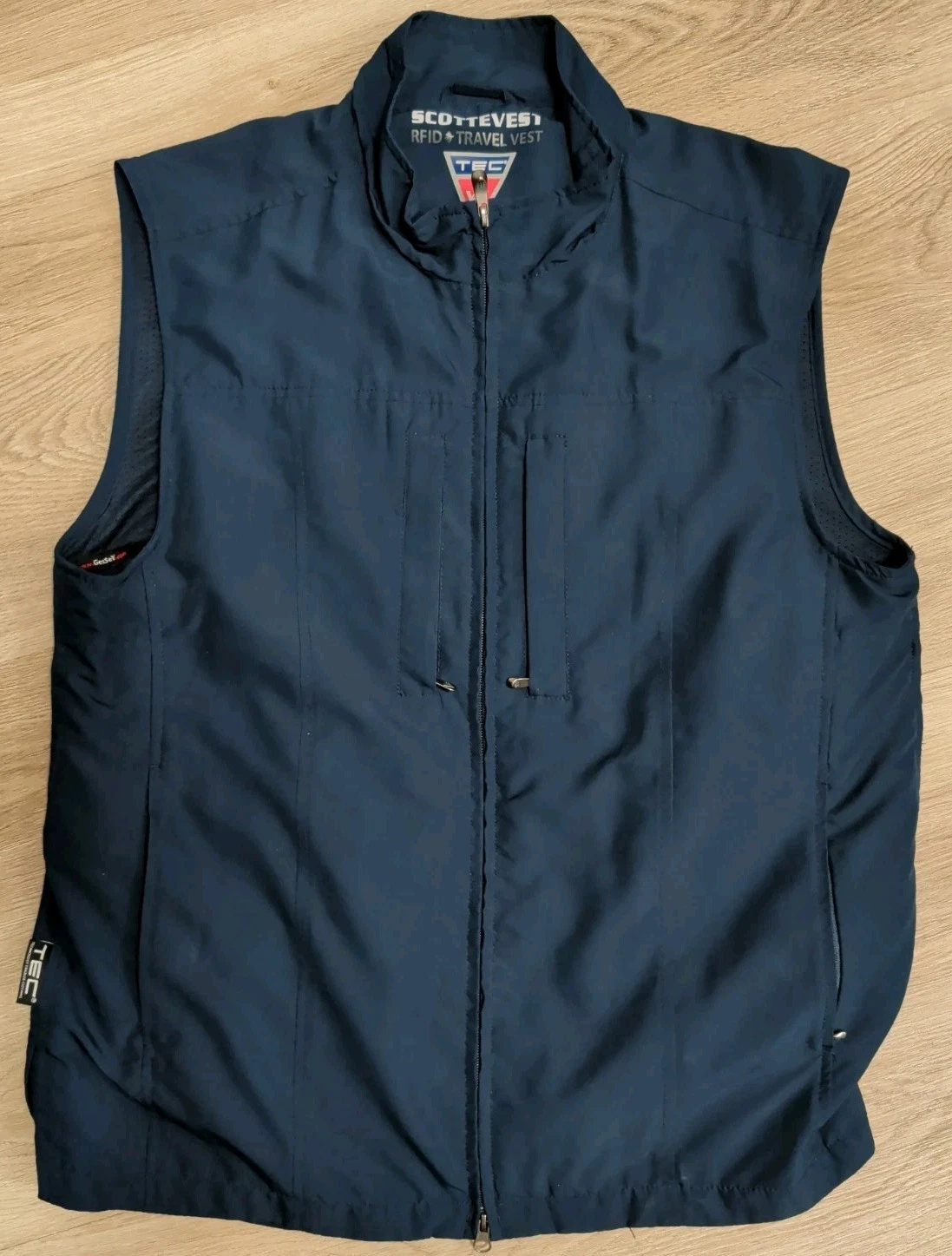 SCOTTeVest Travel Vest Jacket Mens Large L Navy Blue Zip RFID Hidden Pockets TEC