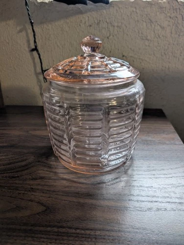 Pink Depression Paneled And Rib Cookie Biscuit Jar by Anchor Hocking 1930's