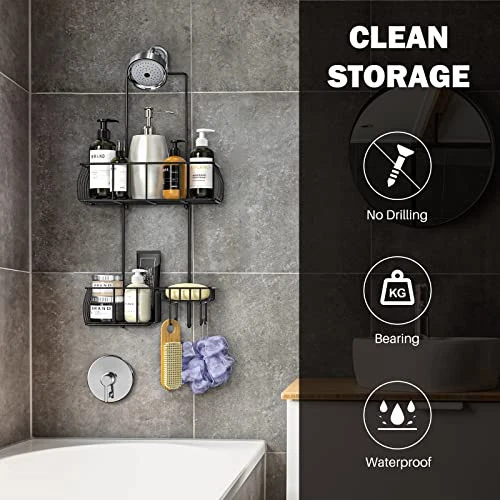 Shower Caddy Hanging, Anti-Swing Over Head Shower Caddy Rustproof with Hooks