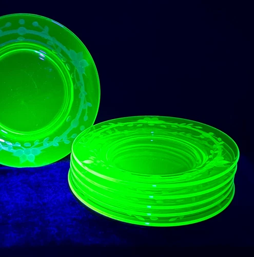 Vintage Set 6 Uranium Glass Saucer Plates 7" Etched Floral UV Glow