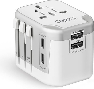 Ceptics 5-in-1 Int'l Plug Adapter, 2USB-A/USB-C, Type A/C/G/I, UP-16KU-WH