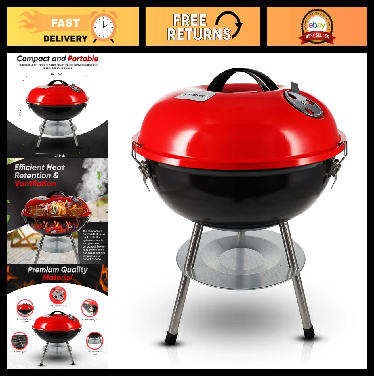 14" Portable Charcoal Grill - 3-Point Locking Lid, Dual Venting, Ideal for Campi
