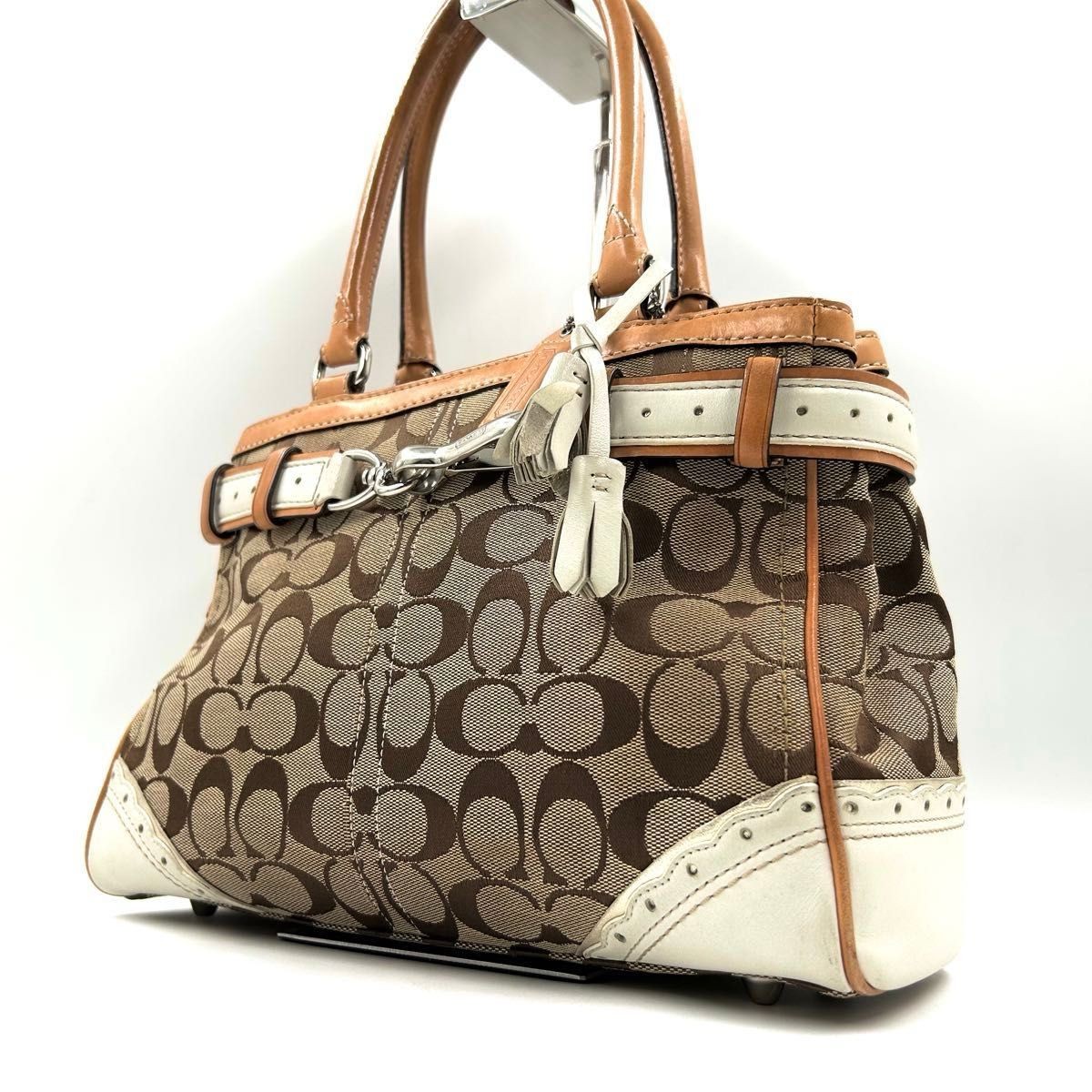 Item Title:COACH Signature Belt Handbag Camel Canvas Leather Shoulder Bag