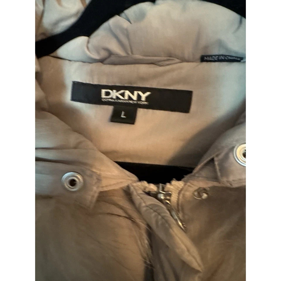 DKNY Down Puffer Coat Genuine Fur Trim Removable Beige Neutral Women's Large - Image 2 of 4