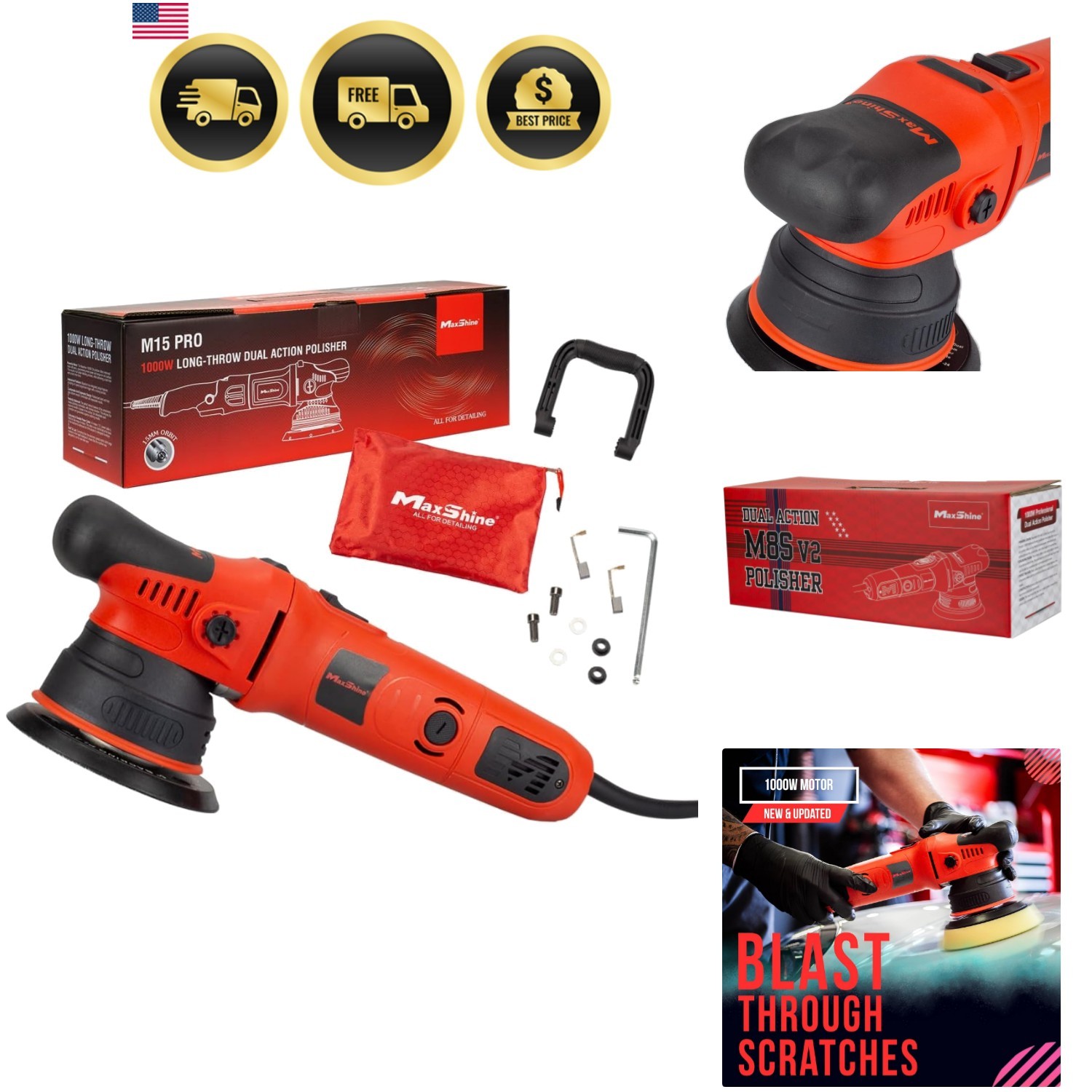 Dual Action Polisher Car Detailing Kit 1000W 6-Speed 5 Disk 