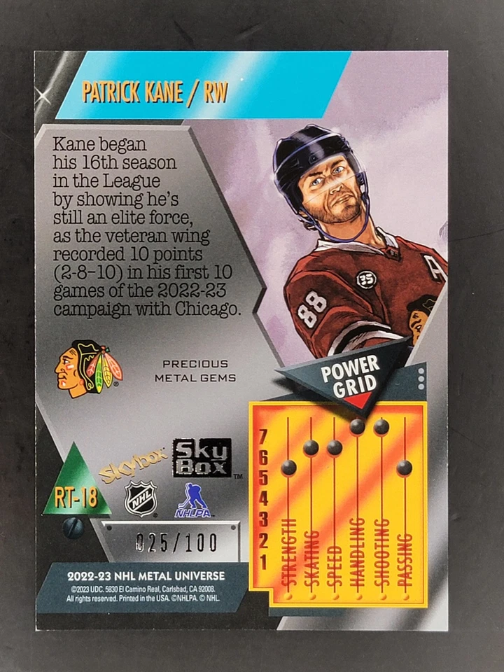 22-23 SkyBox Metal Universe Patrick Kane 2013 Retro Precious Metal Gems Red /100 - Image 2 of 2