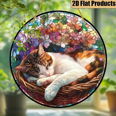 Cozy Cat Hydrangea Pattern Acrylic Sun Catcher Patio Corridor Hanging Decoration