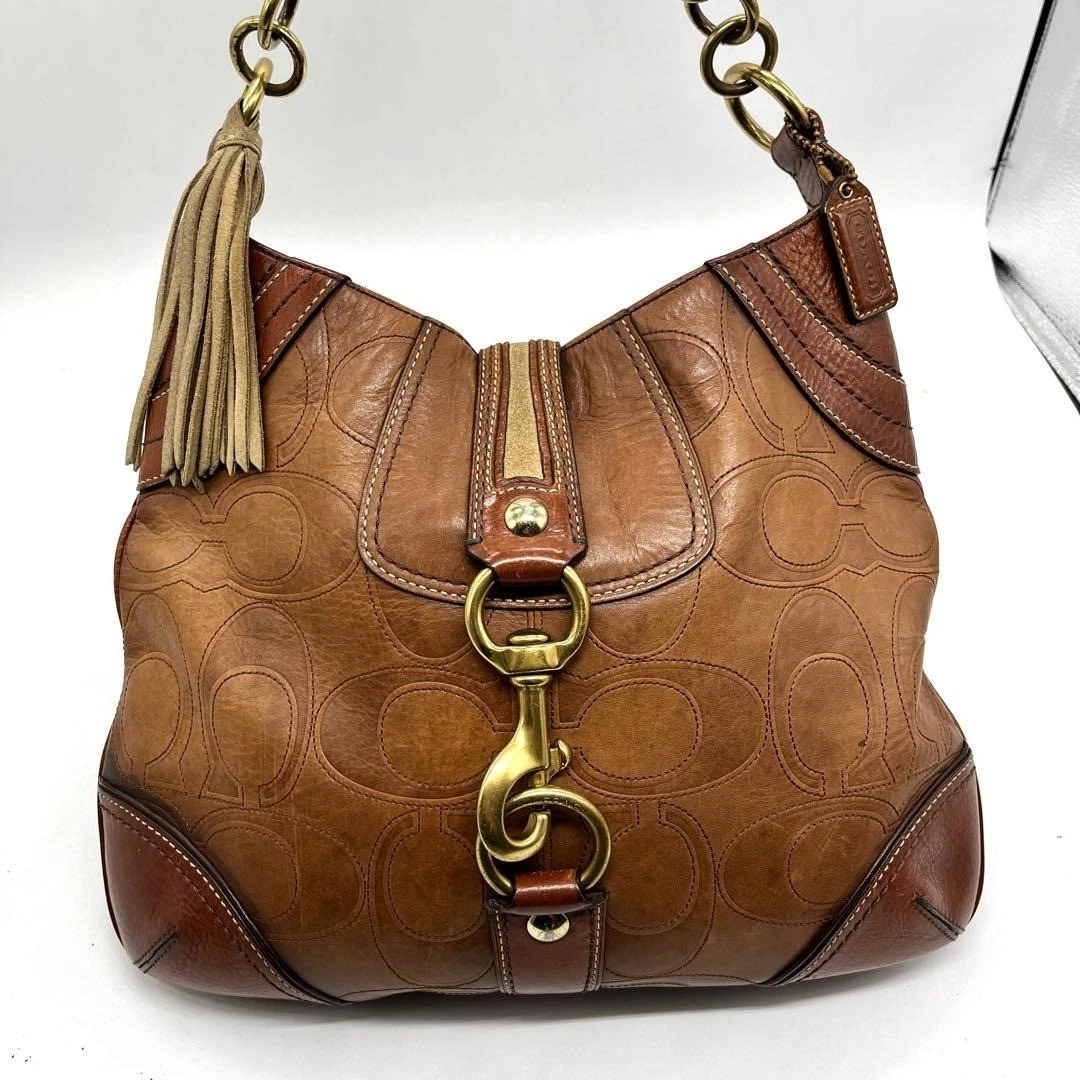 COACH Soho Signature Leather Tassel Hobo Handbag Shoulder Bag Brown Auth