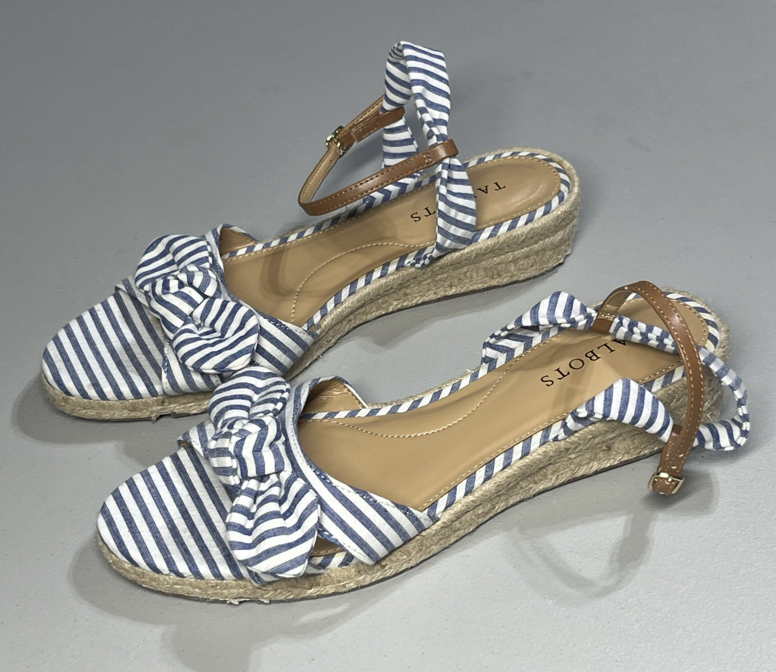 Talbots Pamela Knotted Espadrille Wedge Sandals 9M Blue Striped Seersucker Bows