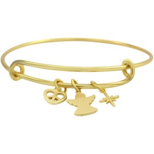 Authentic Peace Dove, Heart & Star Charm Wire Bangle Bracelet 14K Yellow Gold Plated