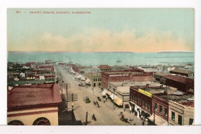 Looking Down Hewitt Ave. in Everett, WA in 1907 - 1915 Postcard