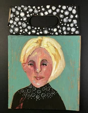 Original Blonde Woman Naive Portrait Painting Expressive Black White Wall Art