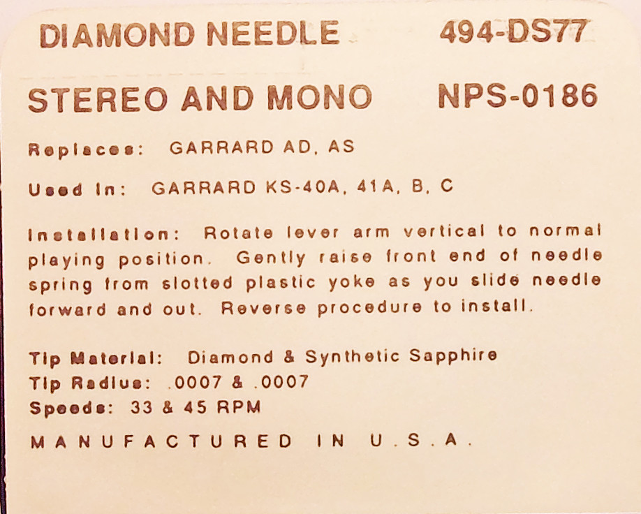 Replacement Phonograph Stylus For Garrard GDS-1, GDS-2, AD, AS, KS-40A, 41A, 41B, 41C, 494