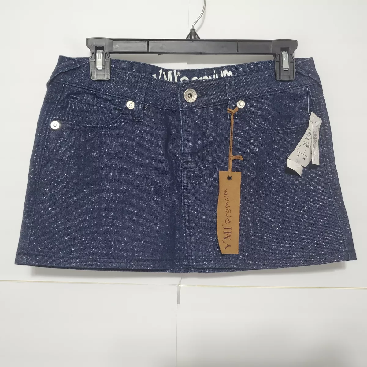 NWT YMI Premium Juniors Dark Wash Sparkle Glitter Jean Mini Skirt Sz 5