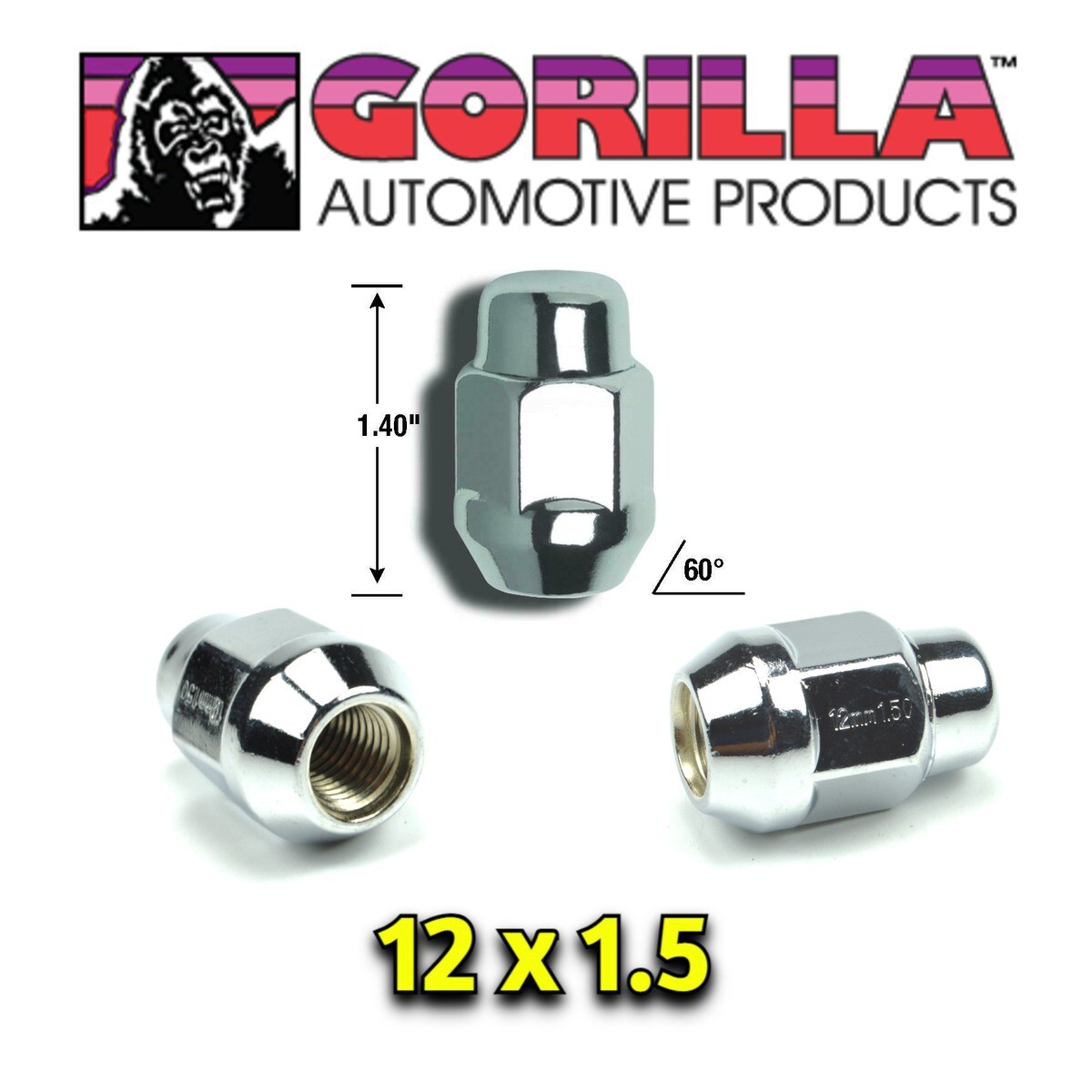 20pc Gorilla Chrome Wheel Lug Nuts 12mm x 1.50 Bulge Acorn Seat 12x1.5