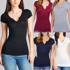 Women's Active USA Short Sleeve Basic Henley Button Placket V-neck Tee T-shirt T