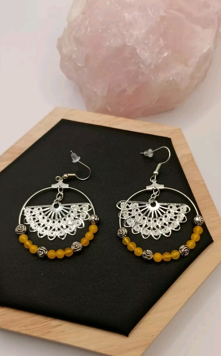 Boucles d'oreilles dormeuses en argent 925 et véritable jade citron jaune - 3