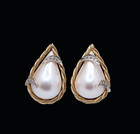 & Diamond Stud Omega Back Earrings 14K Yellow Gold Mabe Pearl Teardrop