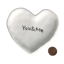 Vintage Creative Co-op You & Me Heart-shaped Trinket Dish Ring Holder White EUC 