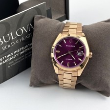 Bulova Surveyor Men's 97B234 Automatic Watch Purple Dial Rose Gold Tone 39mm