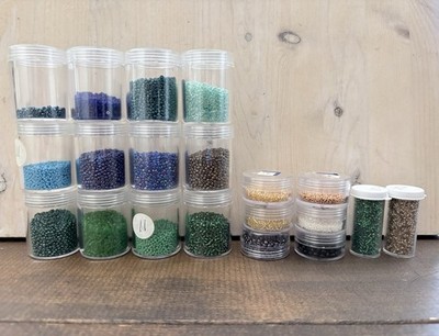 Glass Seed Bead Lot - 20 Containers - Different Shapes & Sizes - Multiple Colors