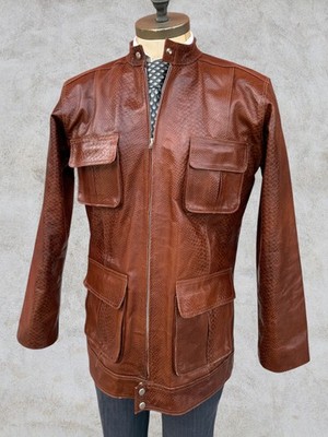 Vintage Leder Safari Jacke Schlangenstruktur braun Feldjacke Vera Pelle Python