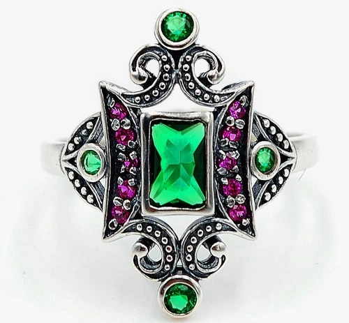 1CT Treated Emerald 925 Solid Sterling Silver Nouveau Look Ring Sz 8 F6-2