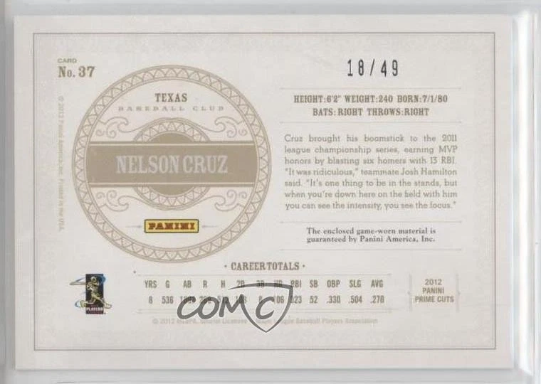 2012 Playoff Prime Cuts Century Silver /49 Nelson Cruz #37 - Image 2 of 2