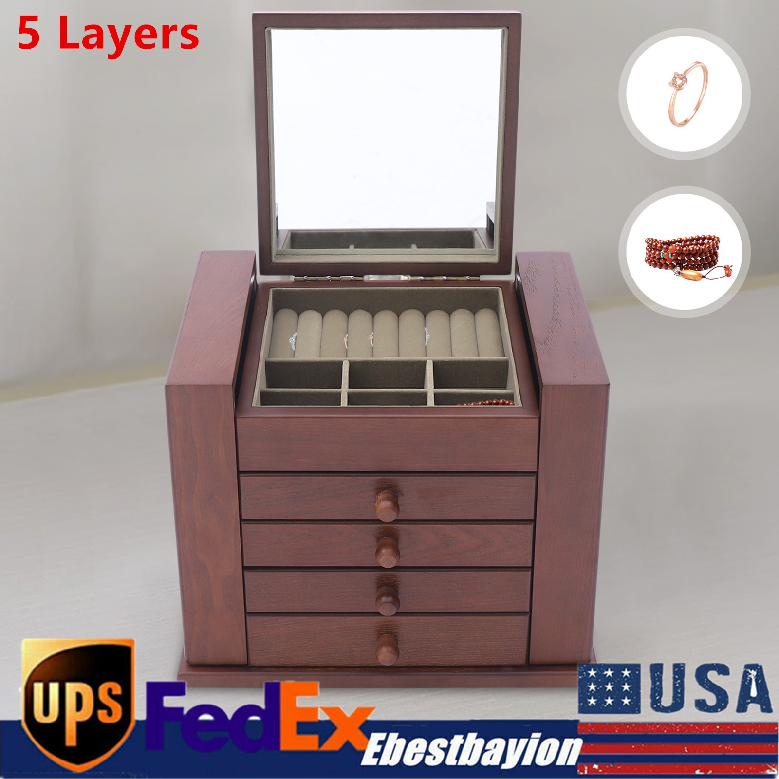 Vintage 5-Layer Wooden Jewelry Organizer with 4 Drawers for Storage