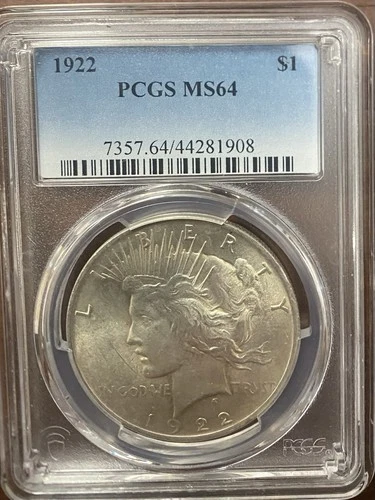 1922 Peace Silver Dollar PCGS MS64 Philadelphia Mint, 90% Silver. VALUE: $110.00
