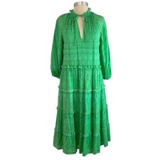Alice + Olivia Layla Midi Dress Small Silk Blend Tiered Green Ruffle Boho Resort