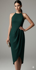 BHLDN Deep Forest Green Crepe Midi Dress - High Neck Halter - Tulip Hem - Size 4