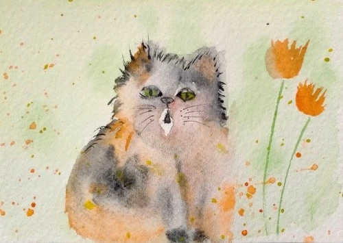 Original Mini Painting ACEO  Kitten Teeny Orange Fluff fuzzy cat Pet Portrait
