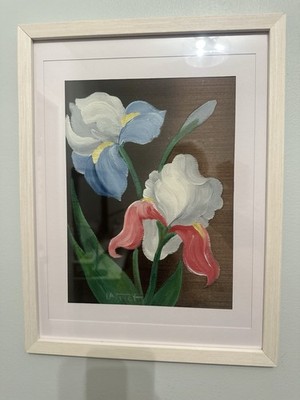  Original Signed Henry Laforet Floral Painting on silk Framed Art