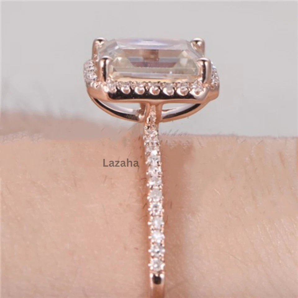 1.50 Ct Emerald Cut Moissanite 18K Rose Gold Halo With Accents Engagement Ring - Image 4 of 4