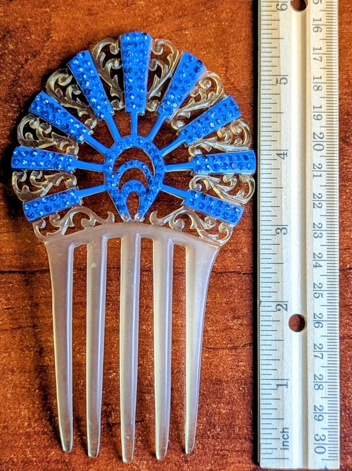 Винтажная большая расческа для волос в стиле ар-деко целлулоид синий стразы испанский стиль 5,5 дюйма - Изображение 4 из 4