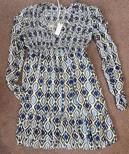 NWT By Anthropologie Long-Sleeve V-Neck Ruffle Mini Dress Blue Motif Medium $158