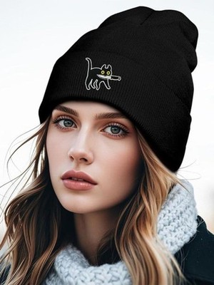 Black Cat Embroidered Beanie Hat - Unbranded