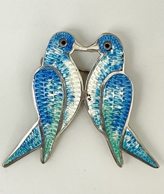 Vintage Guilloche Enamel LOVE BIRDS Pin Jeronimo Fuentes 925 Sterling FREE SHIP