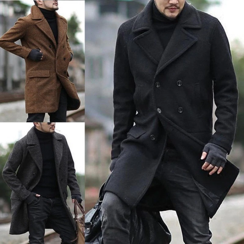 Men's Double-Breasted Lapel Collar Jacket Wool Coat Trench Winter Warm  Overcoat