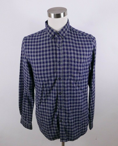 Denim & Flower Mens Soft Cotton Slim Fit LS Button Up Gray Navy Plaid Shirt L - Picture 2 of 8
