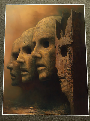 Ancient Faces Emerging from Wall Surreal Poster 18x24in