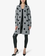 New Adrienne Vittadini Longline Jacquard Open Duster Cardigan Polka Dot Size 1