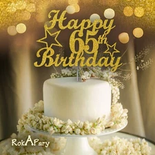 65th Birthday Cake Topper DOUBLE SIDE GOLD GLITTER 65th Party Decorations Favors